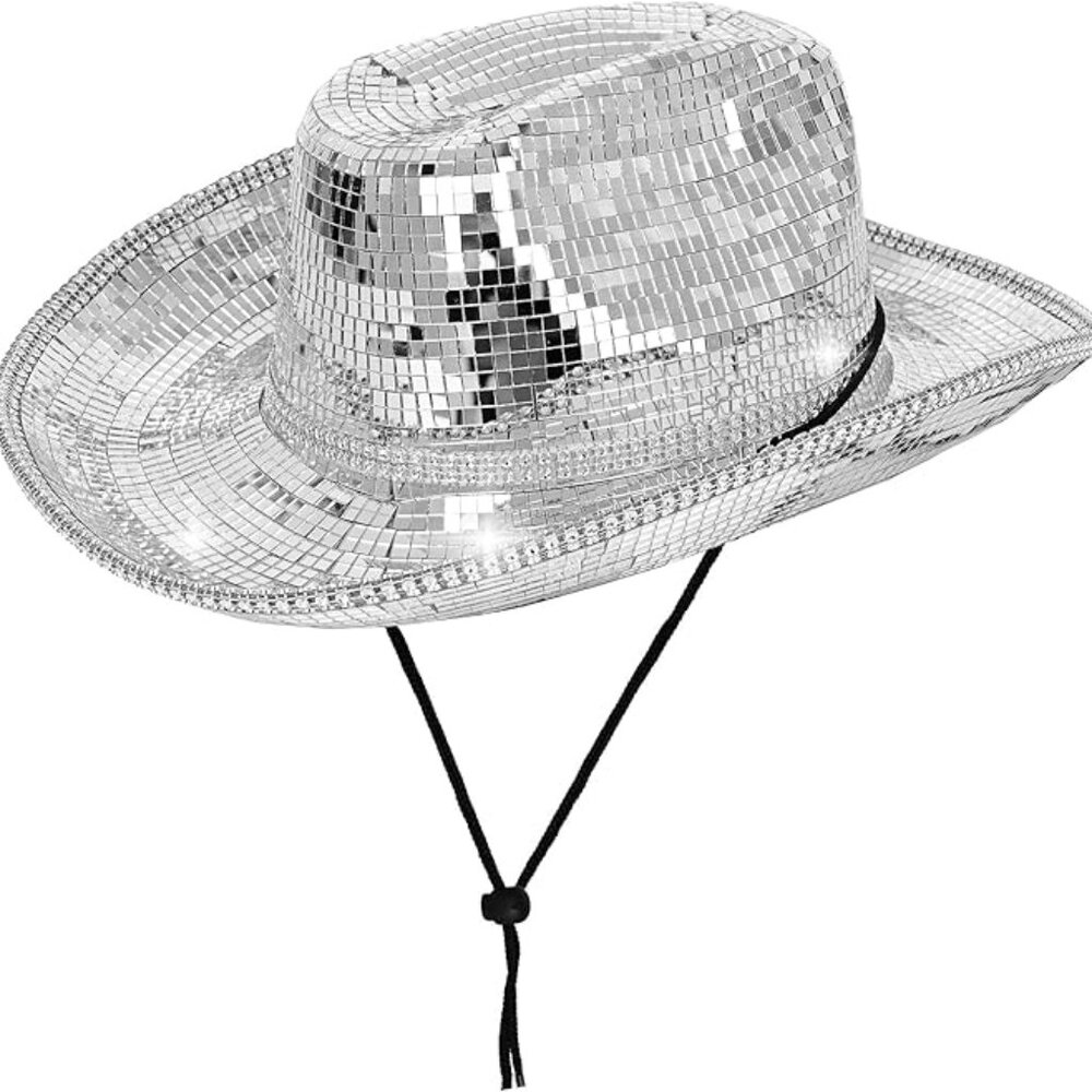 Disco Mirror Ball & Glitter Cowboy Hat  Set-  concert, nightout & party